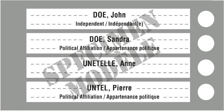 Elections Canada specimen ballot, with fictional candidate names